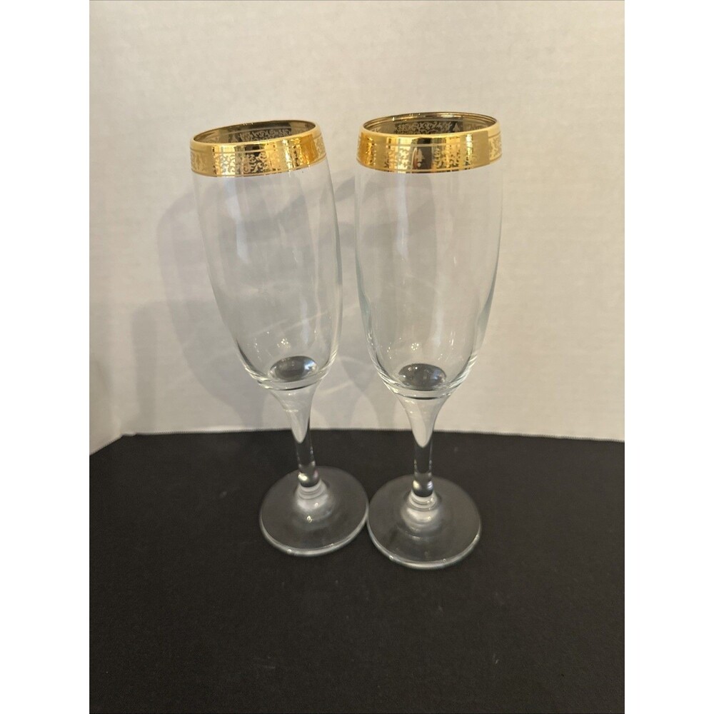 Gold Rim Champagne Flutes Set of 2 Vintage Clear Glass Toasting Glasses Elegant